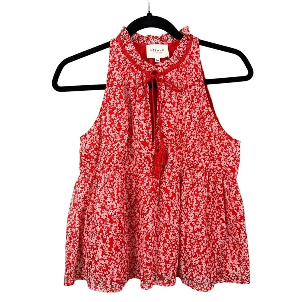 Sézane Women's Red Floral Halter Tie-Front Blouse - Picture 2 of 8